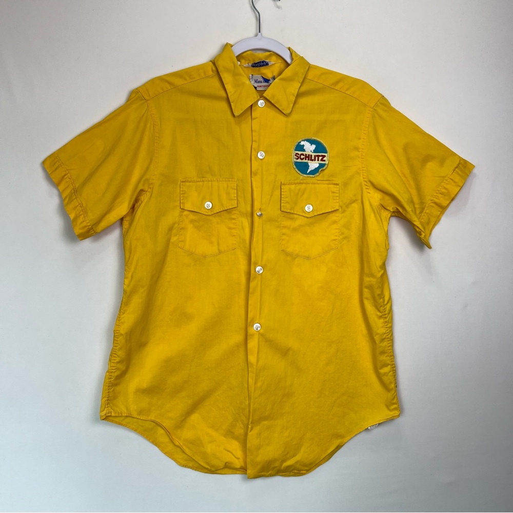 Vintage 50s Don Carter Yellow Bowling Shirt Schlitz Beer Patches Size medium